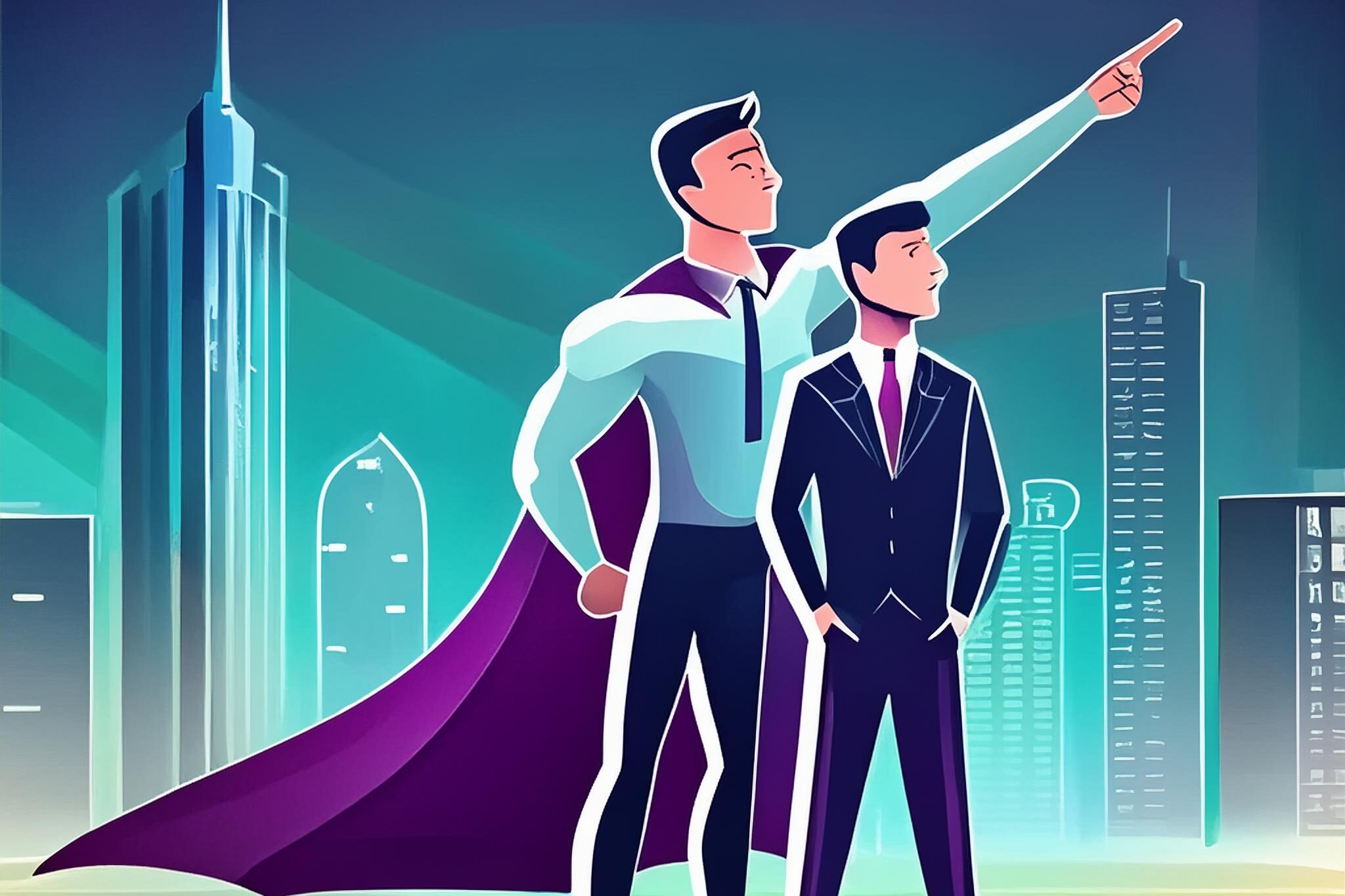 A business superhero wearing a cape points to the sky showing a small business owner the 