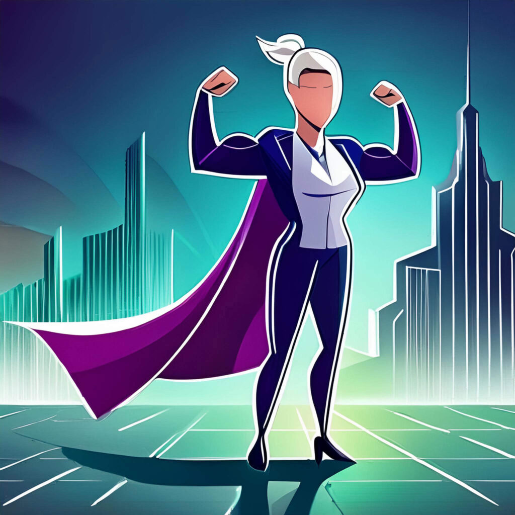 futuristic cartoon of a muscular businesswoman superhero flexing.