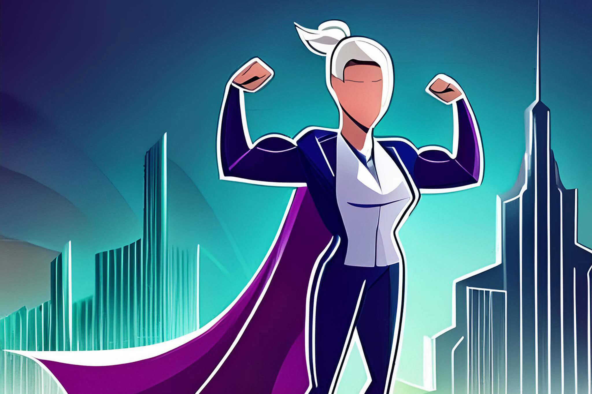 futuristic cartoon of a muscular businesswoman superhero flexing.